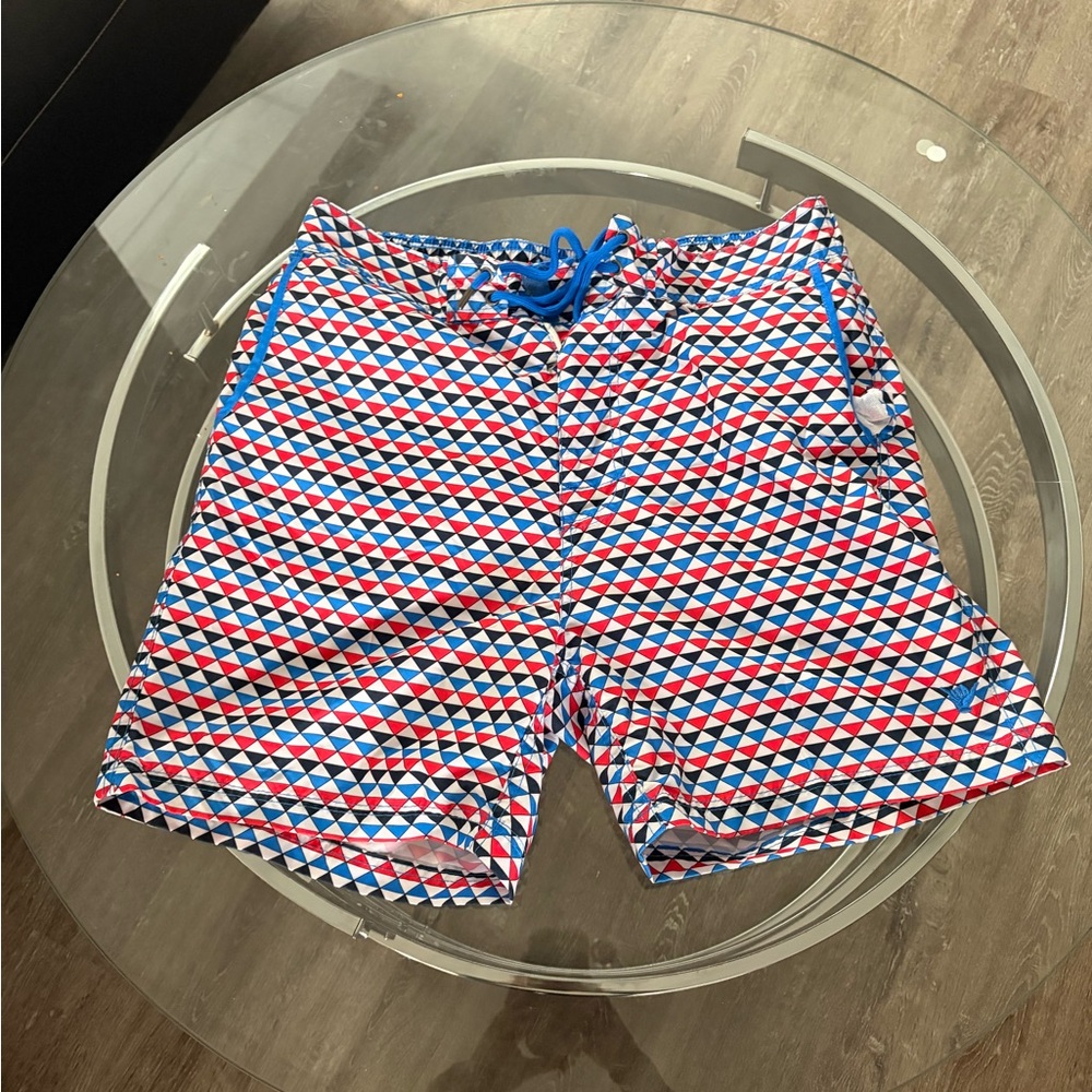 Geometric Red, White & Blue Swim Trunks